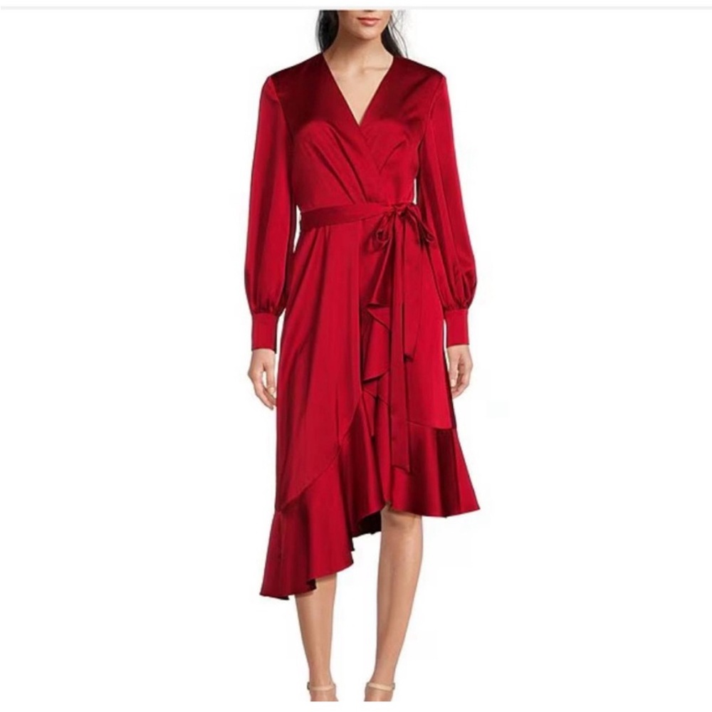 🆕ALEX‎ MARIE Red Satin Wrap Party Dress Ruffle Hem Long Sleeve Tie Waist Size 4